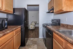 Ithaca apartment for rent - a kitchen with black appliances and wooden cabinets