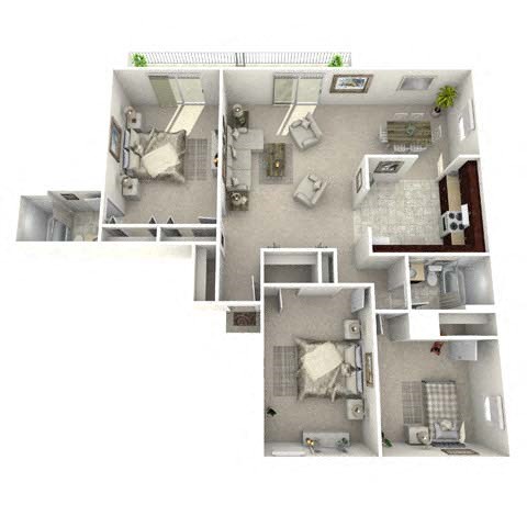 Floor plan for 3 beds, 2 baths, 1308 sqft