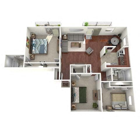 Floor plan for 3 beds, 2 baths, 1308 sqft