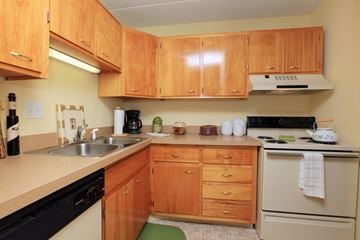Ithaca apartment for rent - a kitchen with wooden cabinets and white appliances and a sink