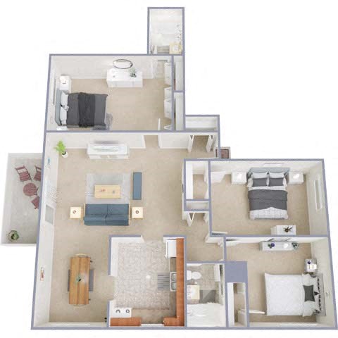 Floor plan for 3 beds, 2 baths, 1308 sqft