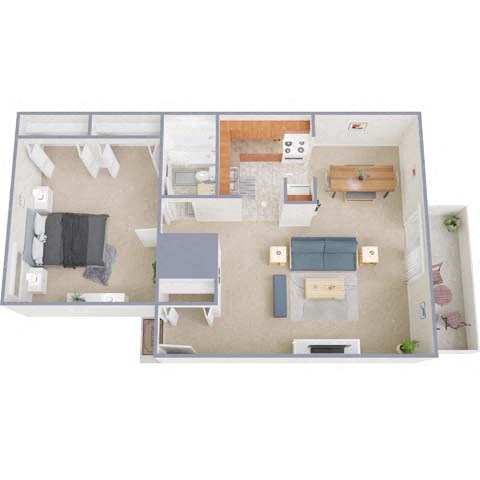 Floor plan for 1 bed, 1 bath, 882 sqft