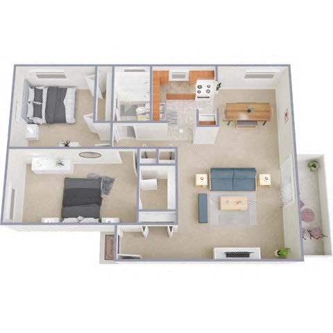 Floor plan for 2 beds, 1 bath, 1030 sqft