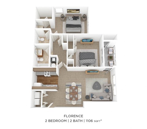 Floor plan for 2 beds, 2 baths, 1106 sqft