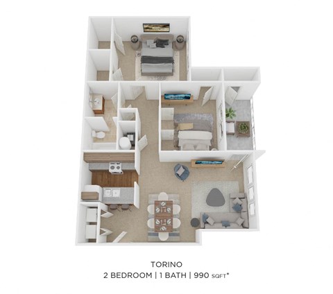 Floor plan for 2 beds, 1 bath, 990 sqft