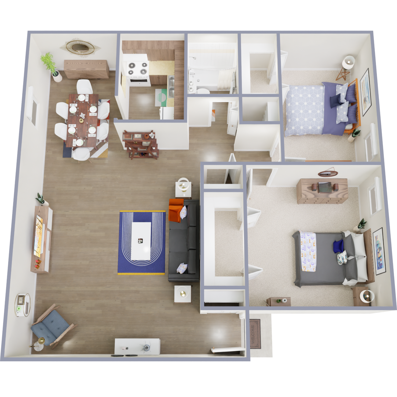 Floor plan for 2 beds, 1 bath, 1025 sqft