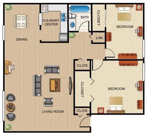 Floor plan for 2 beds, 1 bath, 1025 sqft