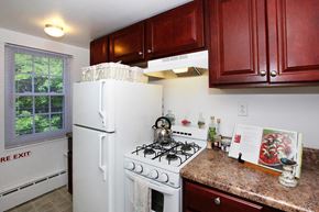 Ithaca apartment for rent - a kitchen with a white stove and a refrigerator