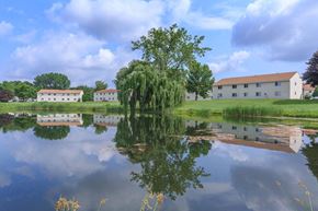 Mechanicville apartment for rent - a tree is reflected in the water in front of a building
