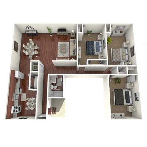 Floor plan for 3 beds, 1 bath, 835 sqft