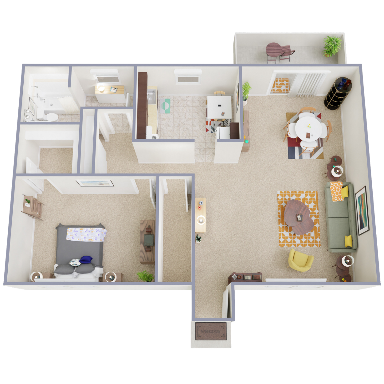 Floor plan for 1 bed, 1 bath, 960 sqft