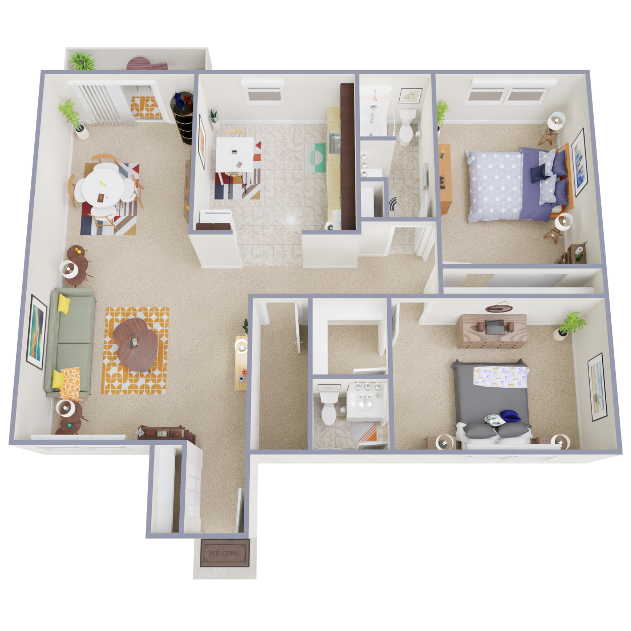 Floor plan for 2 beds, 1.5 baths, 1150 sqft