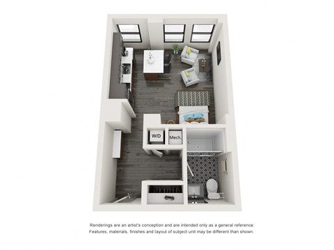Floor plan for studio, 1 bath, 395 sqft