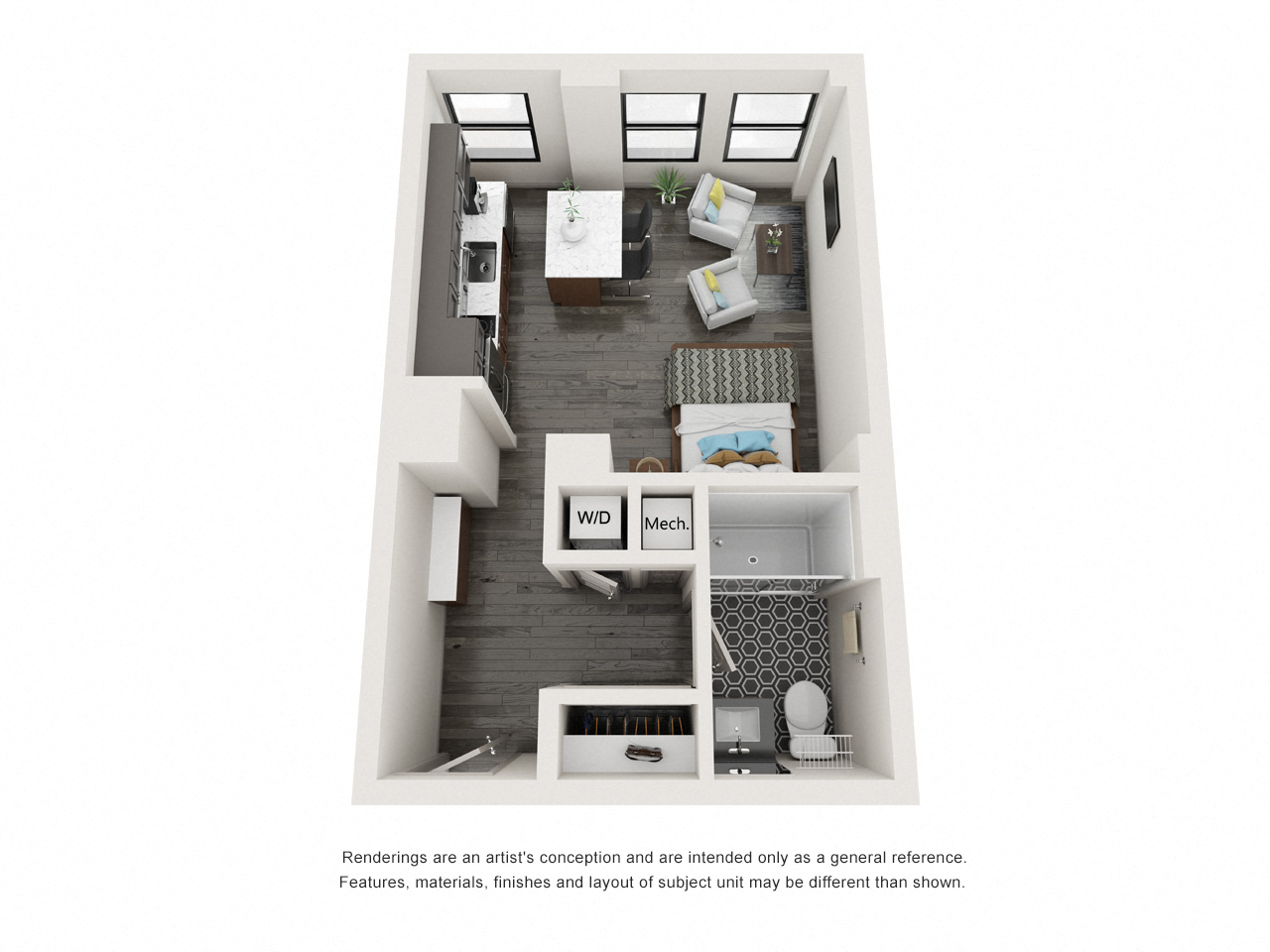 Floor plan for studio, 1 bath, 395 sqft