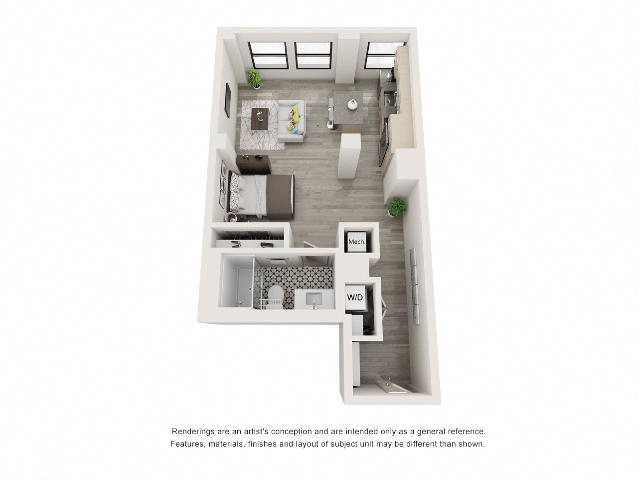 Floor plan for studio, 1 bath, 595 sqft