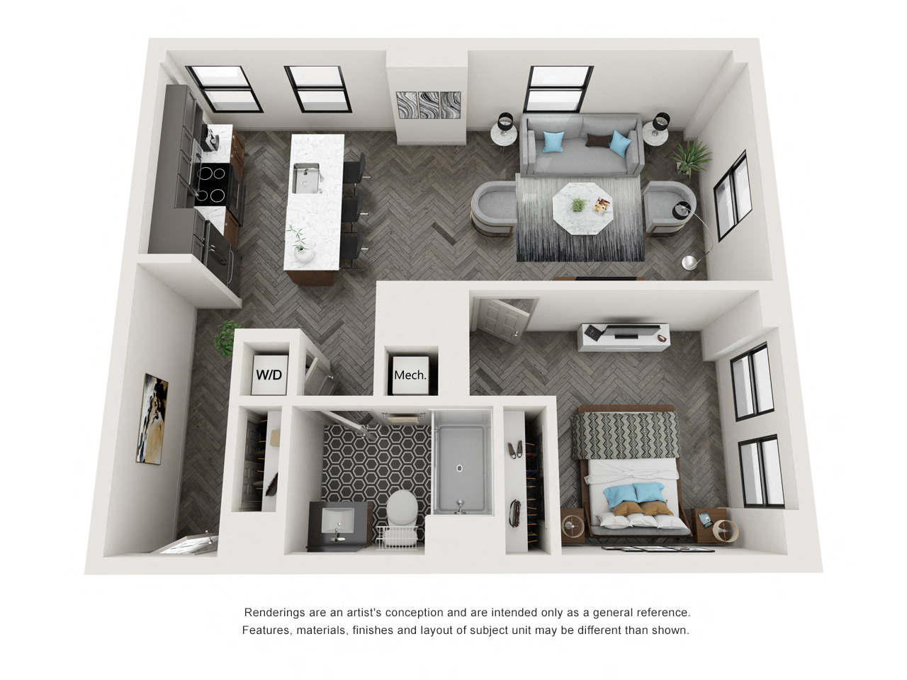 Floor plan for 1 bed, 1 bath, 755 sqft