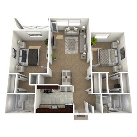 Floor plan for 2 beds, 2 baths, 950 sqft