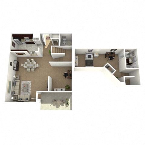 Floor plan for 1 bed, 1.5 baths, 800 sqft