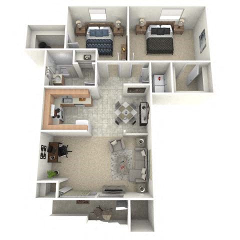 Floor plan for 2 beds, 1 bath, 1017 sqft