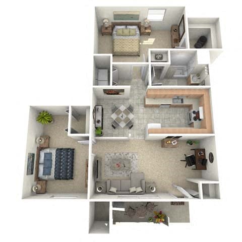 Floor plan for 2 beds, 1 bath, 998 sqft
