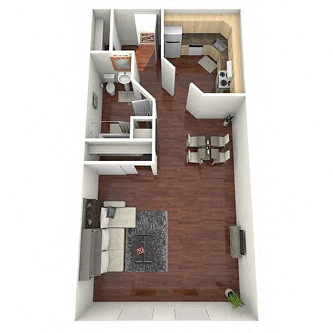 Floor plan for studio, 1 bath, 668 sqft