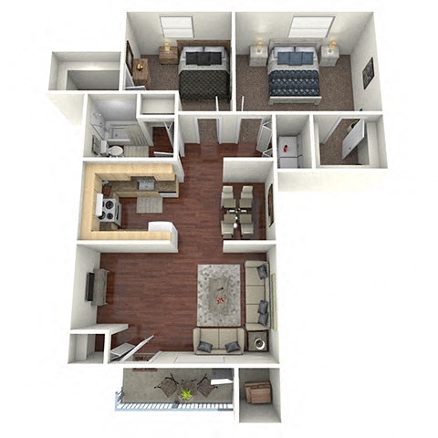 Floor plan for 2 beds, 1 bath, 861 sqft