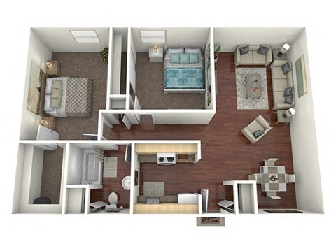 Floor plan for 2 beds, 1 bath, 950 sqft