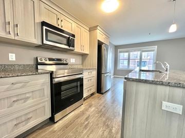 Regina apartment for rent - a kitchen with wooden cabinets and stainless steel appliances