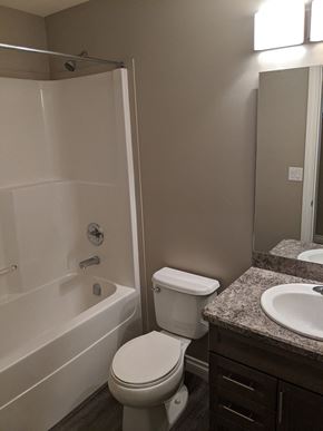 Regina apartment for rent - A white toilet sits next to a bathtub in a bathroom.