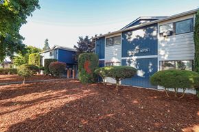 Longview apartment for rent - A blue building with the words "CARNISSE APIS" on it is surrounded by trees and shrubs.