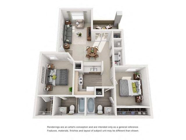 Floor plan for 2 beds, 2 baths, 938 sqft