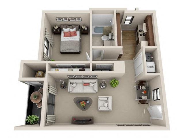Floor plan for 1 bed, 1 bath, 740 sqft