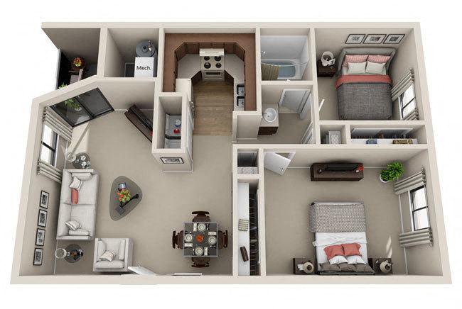 Floor plan for 2 beds, 1 bath, 830 sqft