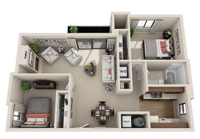 Floor plan for 2 beds, 1 bath, 962 sqft