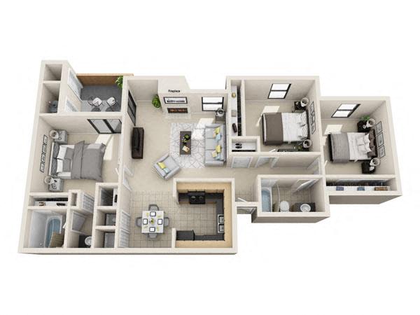 Floor plan for 3 beds, 2 baths, 1174 sqft