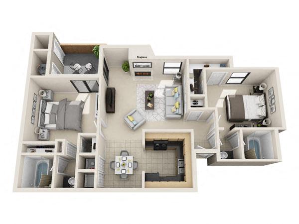 Floor plan for 2 beds, 2 baths, 994 sqft