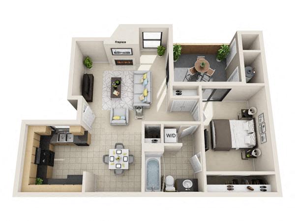 Floor plan for 1 bed, 1 bath, 698 sqft