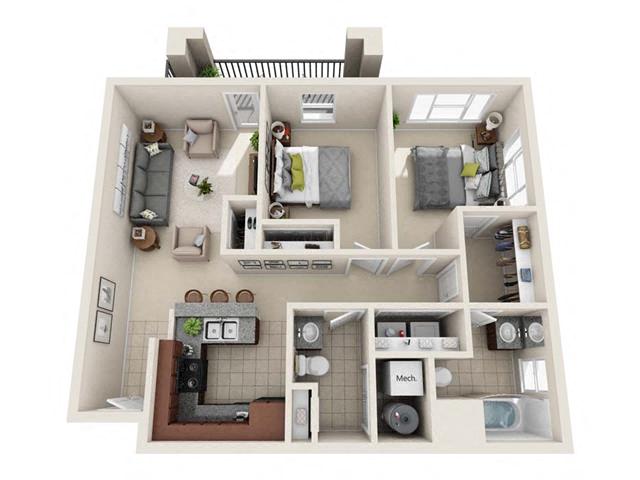 Floor plan for 2 beds, 2 baths, 844 sqft