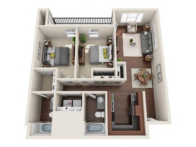 Floor plan for 2 beds, 2 baths, 880 sqft