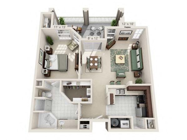 Floor plan for 1 bed, 1 bath, 902 sqft