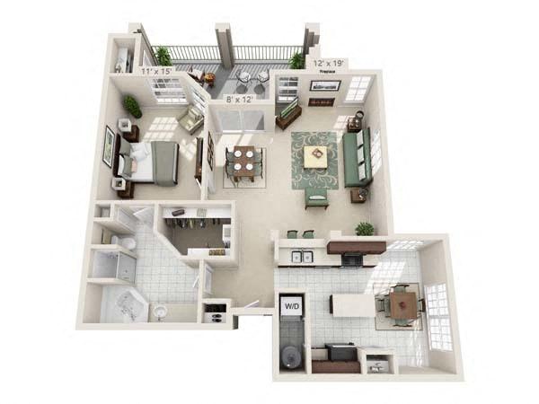 Floor plan for 1 bed, 1 bath, 1116 sqft