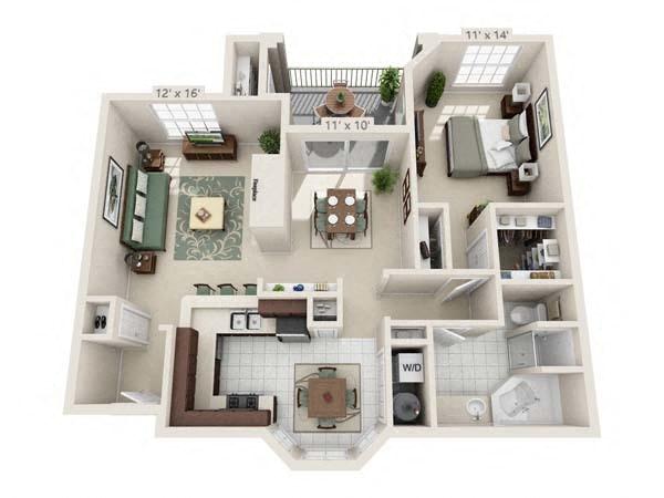 Floor plan for 1 bed, 1 bath, 996 sqft