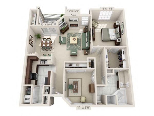 Floor plan for 1 bed, 1 bath, 1118 sqft