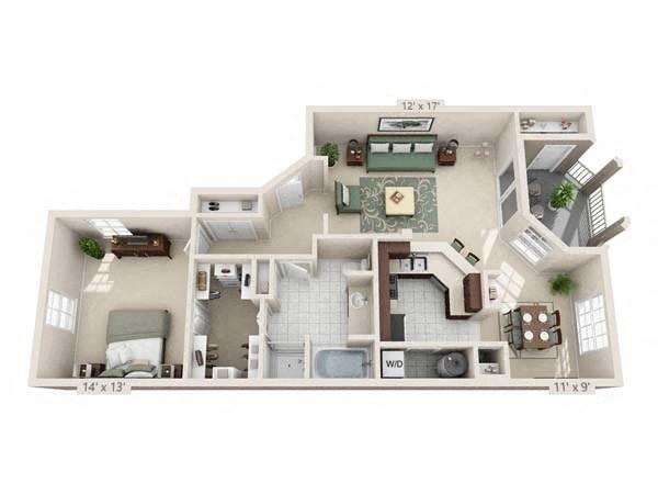 Floor plan for 1 bed, 1 bath, 963 sqft
