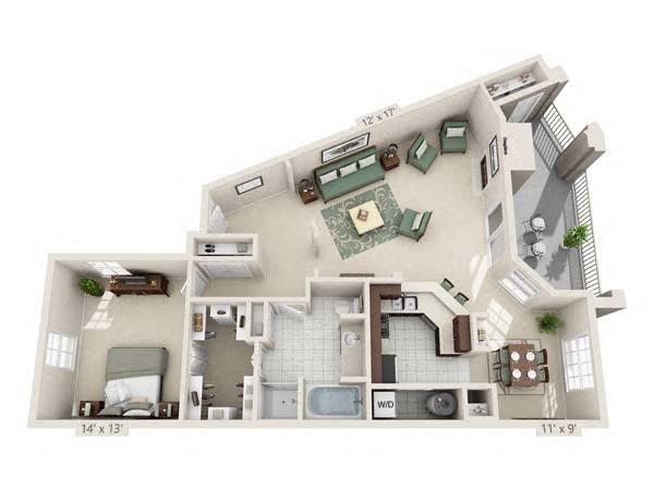 Floor plan for 1 bed, 1 bath, 1052 sqft