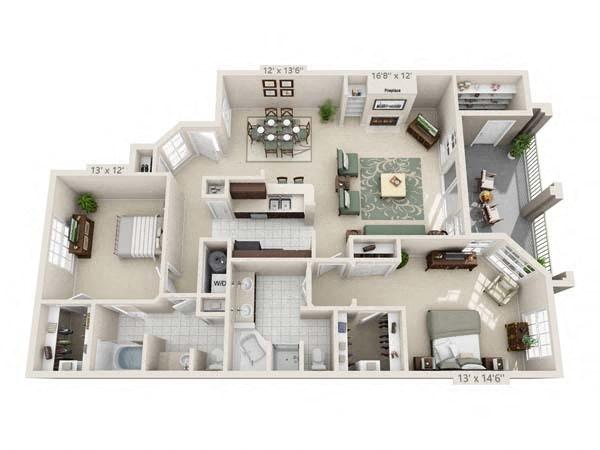Floor plan for 2 beds, 2 baths, 1432 sqft