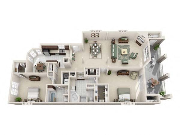 Floor plan for 2 beds, 2 baths, 1667 sqft