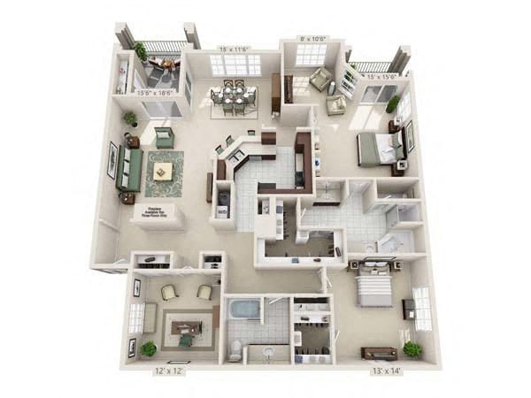 Floor plan for 3 beds, 2 baths, 1957 sqft