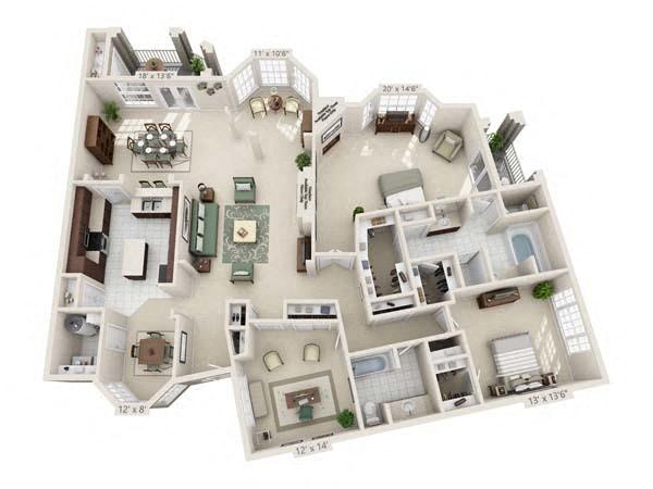 Floor plan for 3 beds, 2 baths, 2296 sqft
