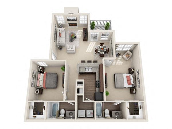 Floor plan for 2 beds, 2 baths, 1057 sqft